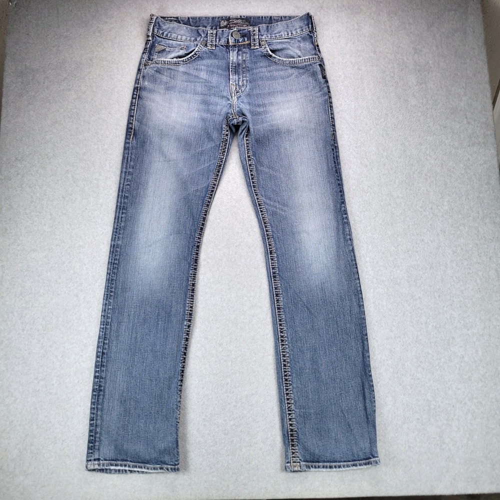 Silver Jeans Co Grayson Straight Jeans Mens 32x33 Medium Wash Blue Distressed